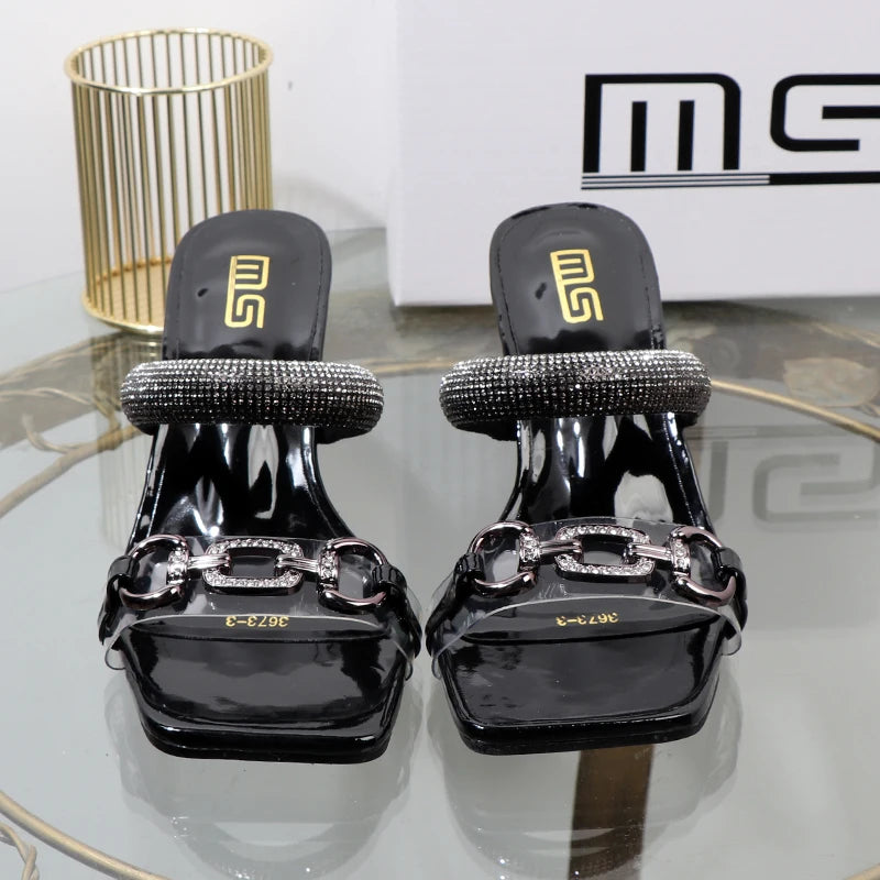 Women's Slippers 2026 Summer Fashion Transparent Belt Metal Decoration Box Shaped Square Alien Heel High Heels Wearing Sandals