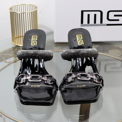 Women's Slippers 2026 Summer Fashion Transparent Belt Metal Decoration Box Shaped Square Alien Heel High Heels Wearing Sandals