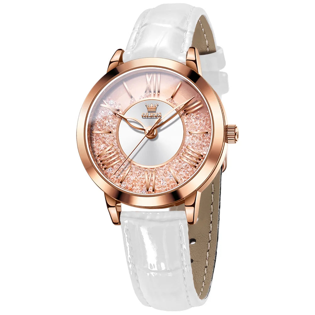 OLEVS Original Pink Leather Watch for Women Elegant Quartz Movement Waterproof Vintage Classic Watch Relojes para Mujer 5539