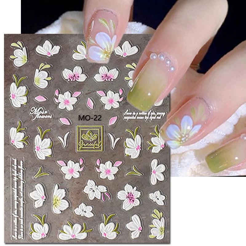 5D Embossed Nail Art Decals Elegant Petals Florals Daisy Flowers Leaves Adhesive Sliders Stickers For Manicure Tips Decoration