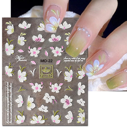 5D Embossed Nail Art Decals Elegant Petals Florals Daisy Flowers Leaves Adhesive Sliders Stickers For Manicure Tips Decoration