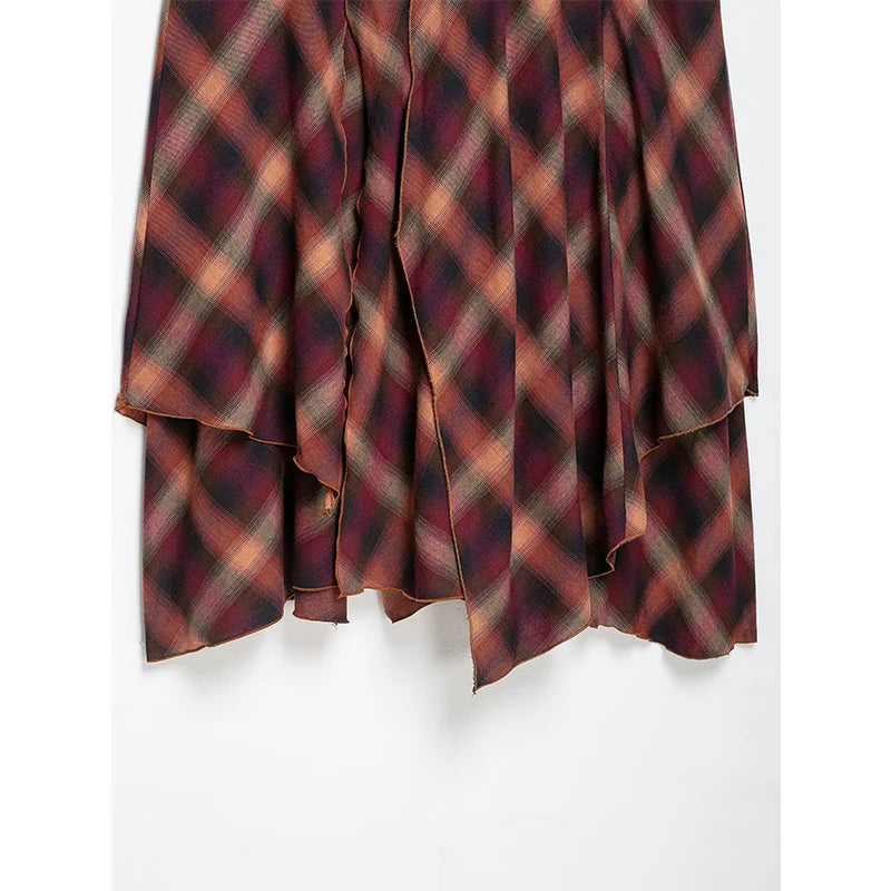 YENKYE Women Multicolored Plaid Midi Skirt High Waist Double-layer Sexy Slit Asymmetrical Skirts