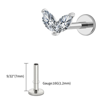 Right Grand ASTM F136 Titanium Tiny Double Marquise CZ Labret Stud Earring 16G Heart CZ Cartilage Helix Tragus Conch Piercing