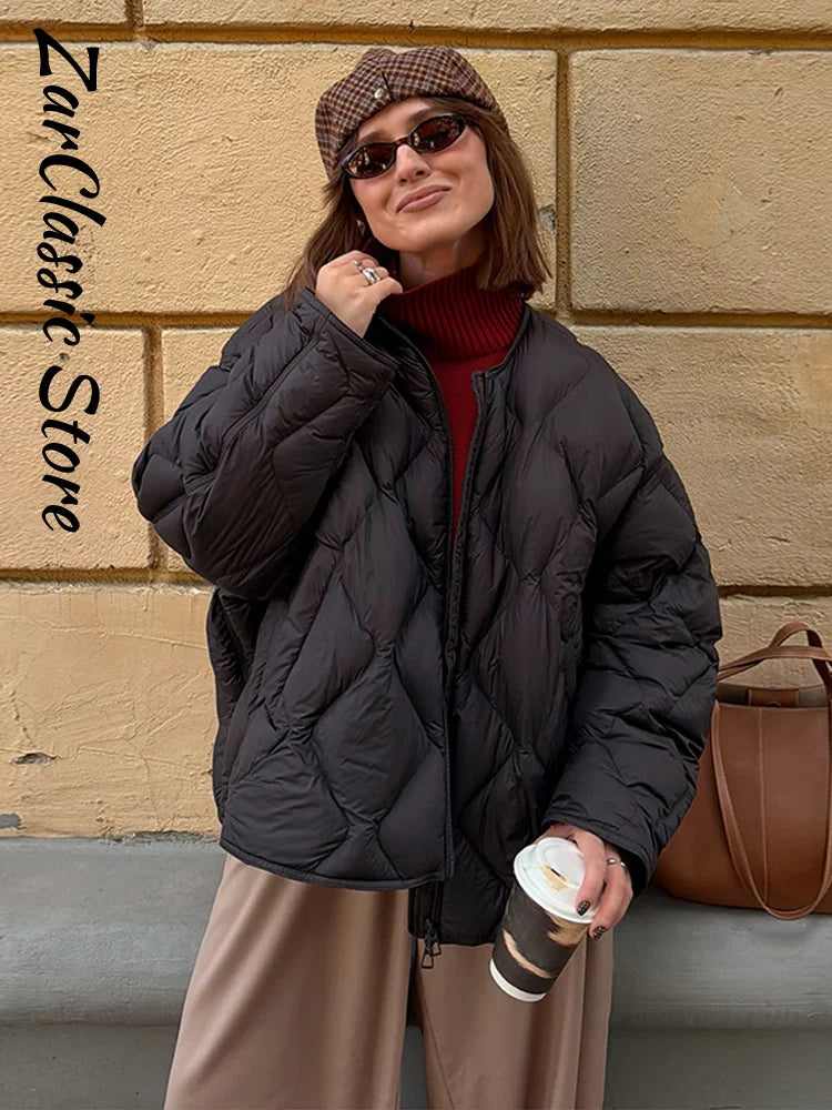 Elegant Women's Winter Jacket Casual Round Neck Zip-up Full Sleeve Loose Quilted Padded Coats New Fashion Warm Outwear 2026