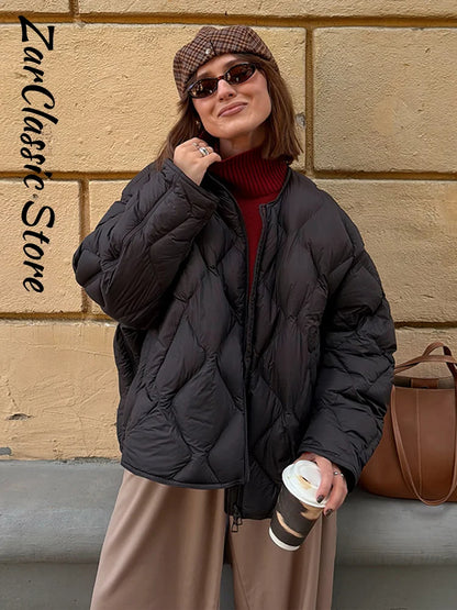 Elegant Women's Winter Jacket Casual Round Neck Zip-up Full Sleeve Loose Quilted Padded Coats New Fashion Warm Outwear 2026