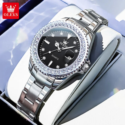 OLEVS 9945 Women's Watches Elegant Purple Full Diamond Dial Solid Stainless Steel Auto Date Waterproof Quartz Watch for Women