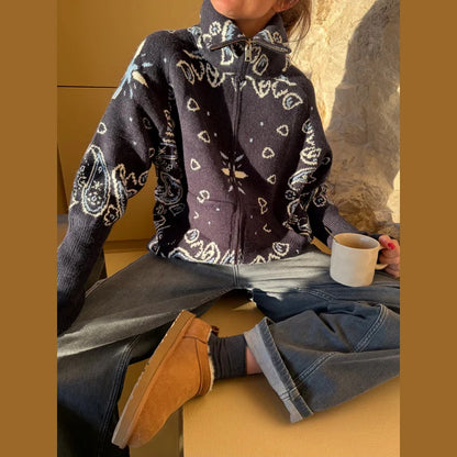 Casual Women's Jacquard Knit Cardigan Loose Stand Collar Zipper Long Sleeve Pockets Sweater 2026 Autumn Lady Vintage Sweaters