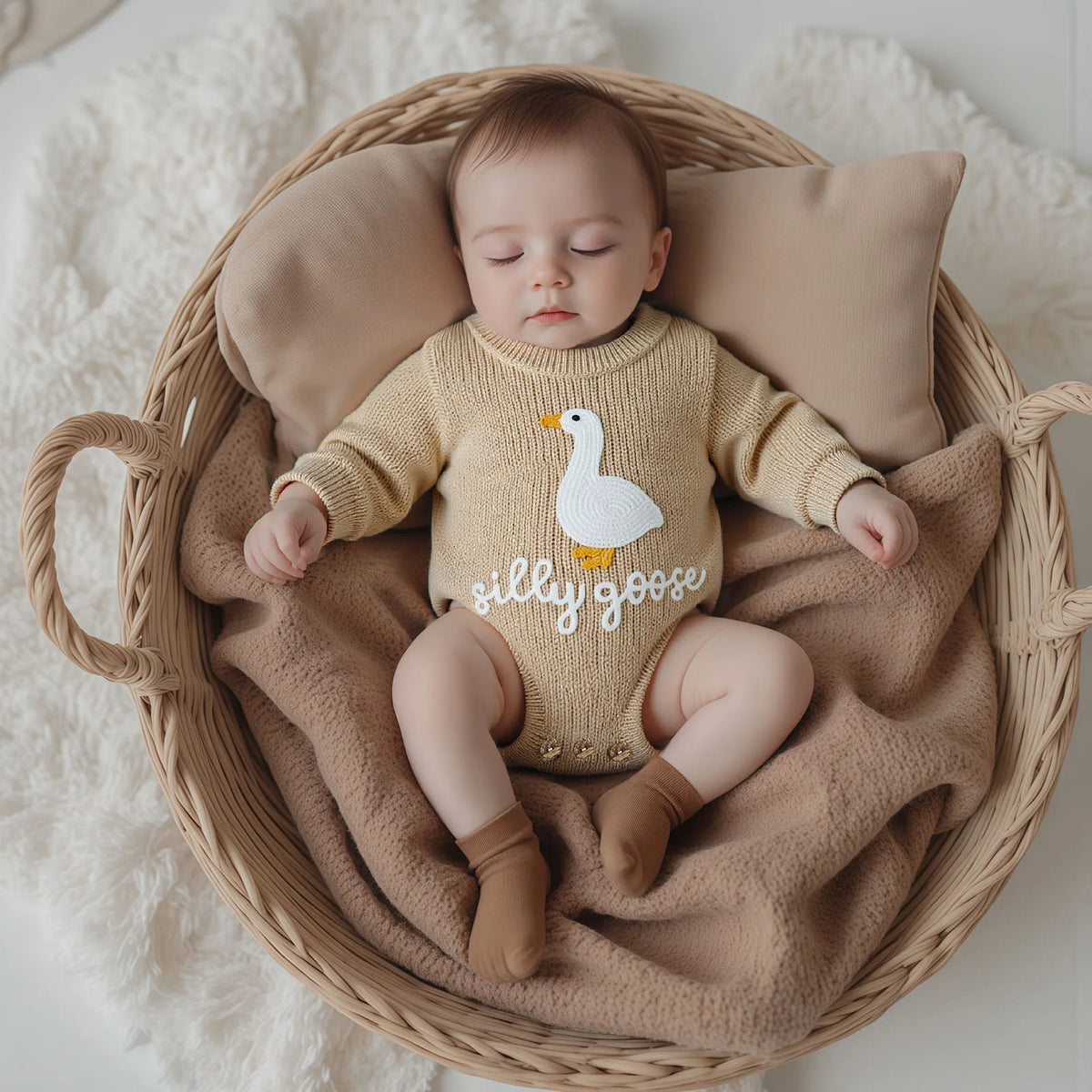 Infant Baby Knitted Rompers Cute Long Sleeve Round Neck White Goose Letter Embroidery Jumpsuit