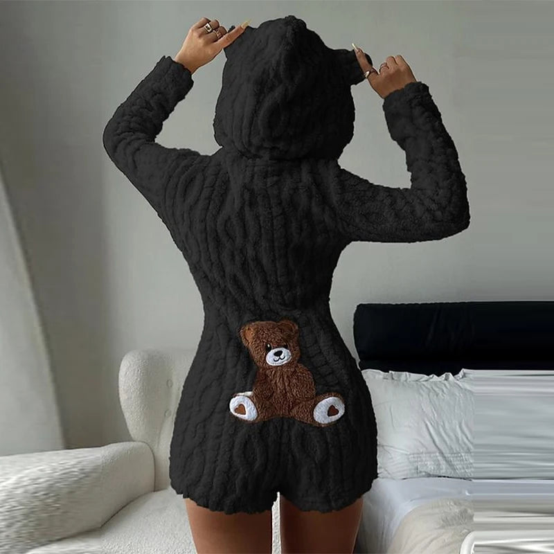 Trendy Cartoon Bear Pattern Warm Jumpsuit Shorts Women Plush Hooded Flannel Loungewear Lady New Autumn Winter Effortless Outfits