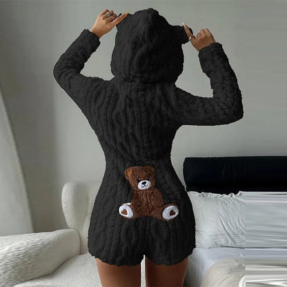 Trendy Cartoon Bear Pattern Warm Jumpsuit Shorts Women Plush Hooded Flannel Loungewear Lady New Autumn Winter Effortless Outfits