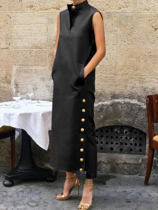 UOOZEE Female Vintage Solid Color Split-Side Stand Collar Party Evening Dresses 2026 New Summer Buttoned Casual Shirts Dress