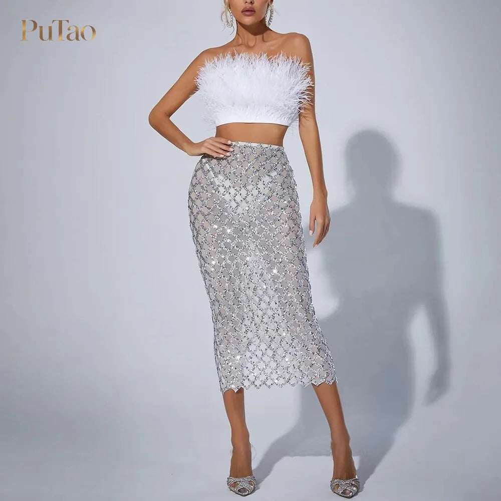 PuTao 2 Piece Formal Outfit White Feather Strapless Crop Top Sequin Mesh Midi Skirt Set Evening Birthday Cocktail Dresess