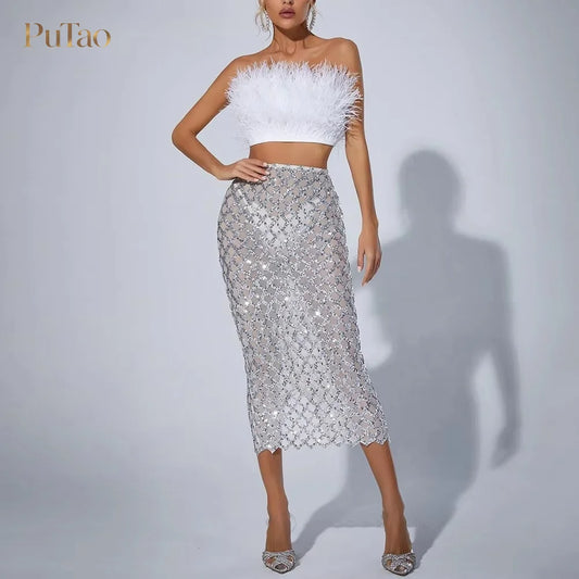 PuTao 2 Piece Formal Outfit White Feather Strapless Crop Top Sequin Mesh Midi Skirt Set Evening Birthday Cocktail Dresess