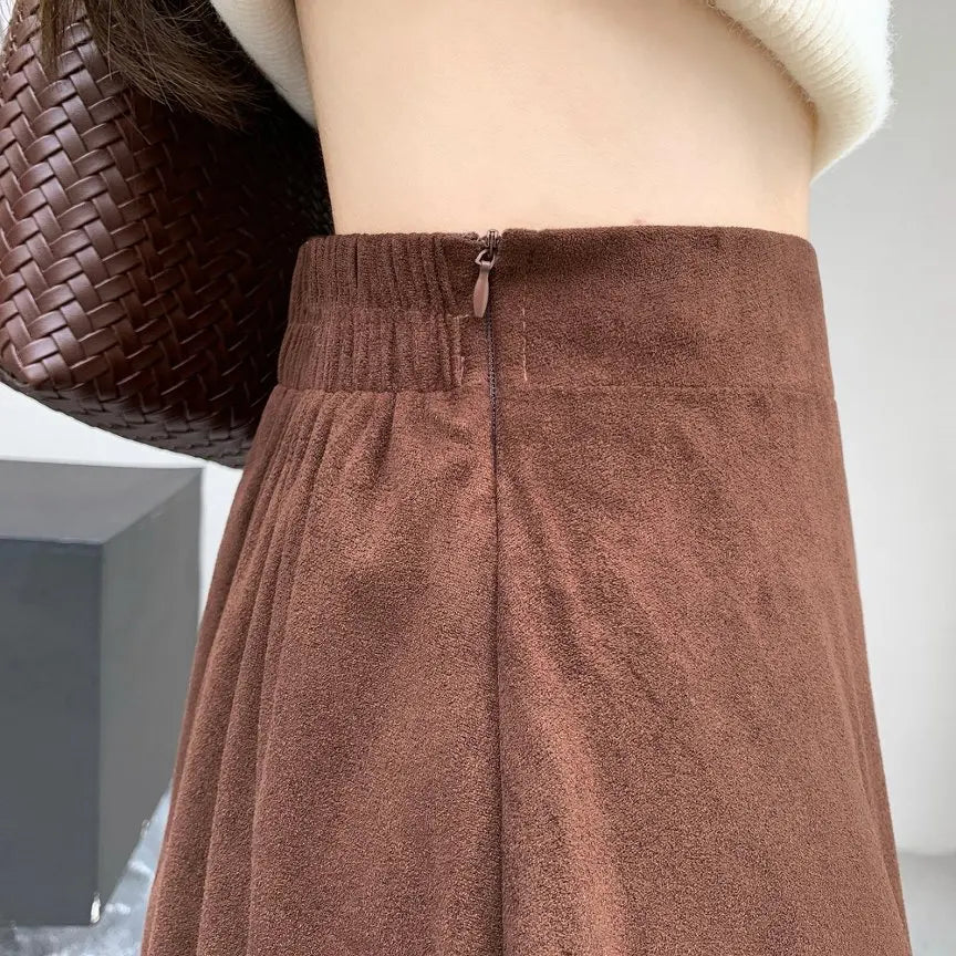 Midi Long Skirts Women Suede Skirt 2026 Goth Lolita Autumn Winter High Waist Ruffles Asymmetrical A-Line Pleated Skirt Maxi