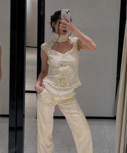 Elegant Cream White High Neck Floral Lace Top Women Sexy Sleeveless Cutout Front Frill Hem Slim Blouse Lady Vacation Party Top