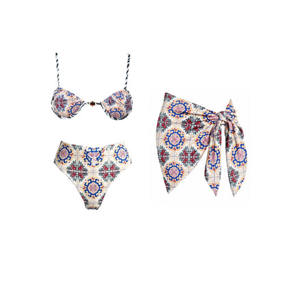 Push Up 2026 New Retro Prints 3 Pieces Bikinis Sets With Mesh Pants Beachwear Sexy Women's Swimsuit Cover-ups Strappy Beach Wear