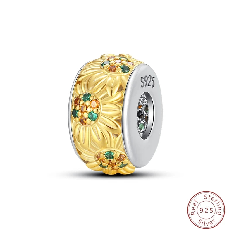 Spring Day 925 Sterling Silver Sunflower Azalea Peony Butterfly Flower Charms Beads Fit 3mm Bracelets DIY Fine Jewelry Making