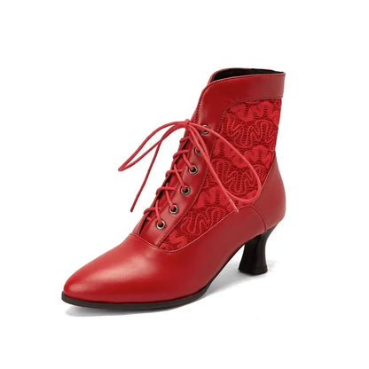 Women Victorian Ankle Boots Leather Lace Heel Shoes for women Fashion Lace Up Spliced Ladies High Heels Woman Boots Ankle 46