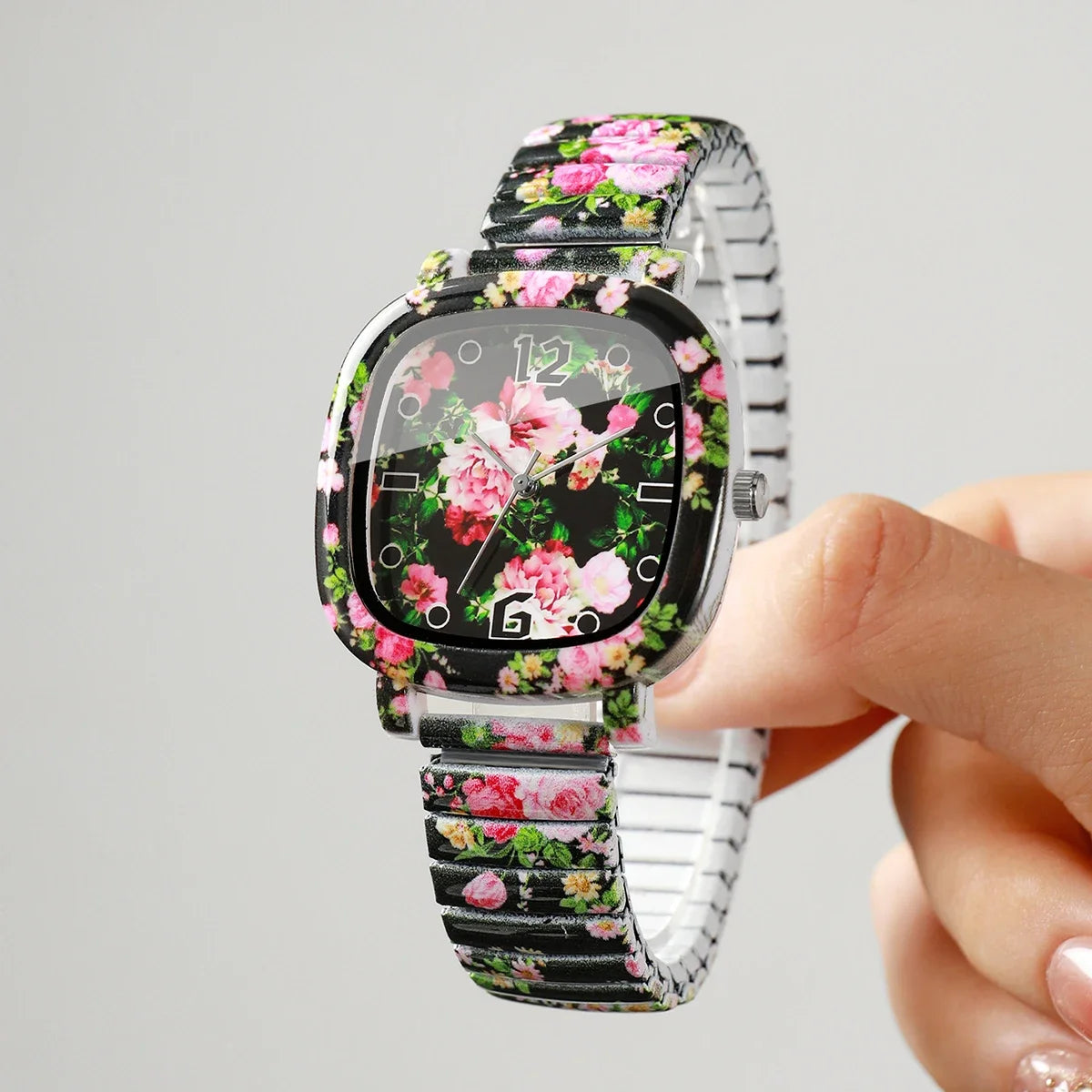Flowers Printed Square Quartz Watch Women Casual Black Elastic Stretch Strap Ladies Wristwatch Relogio Feminino (Without Box)