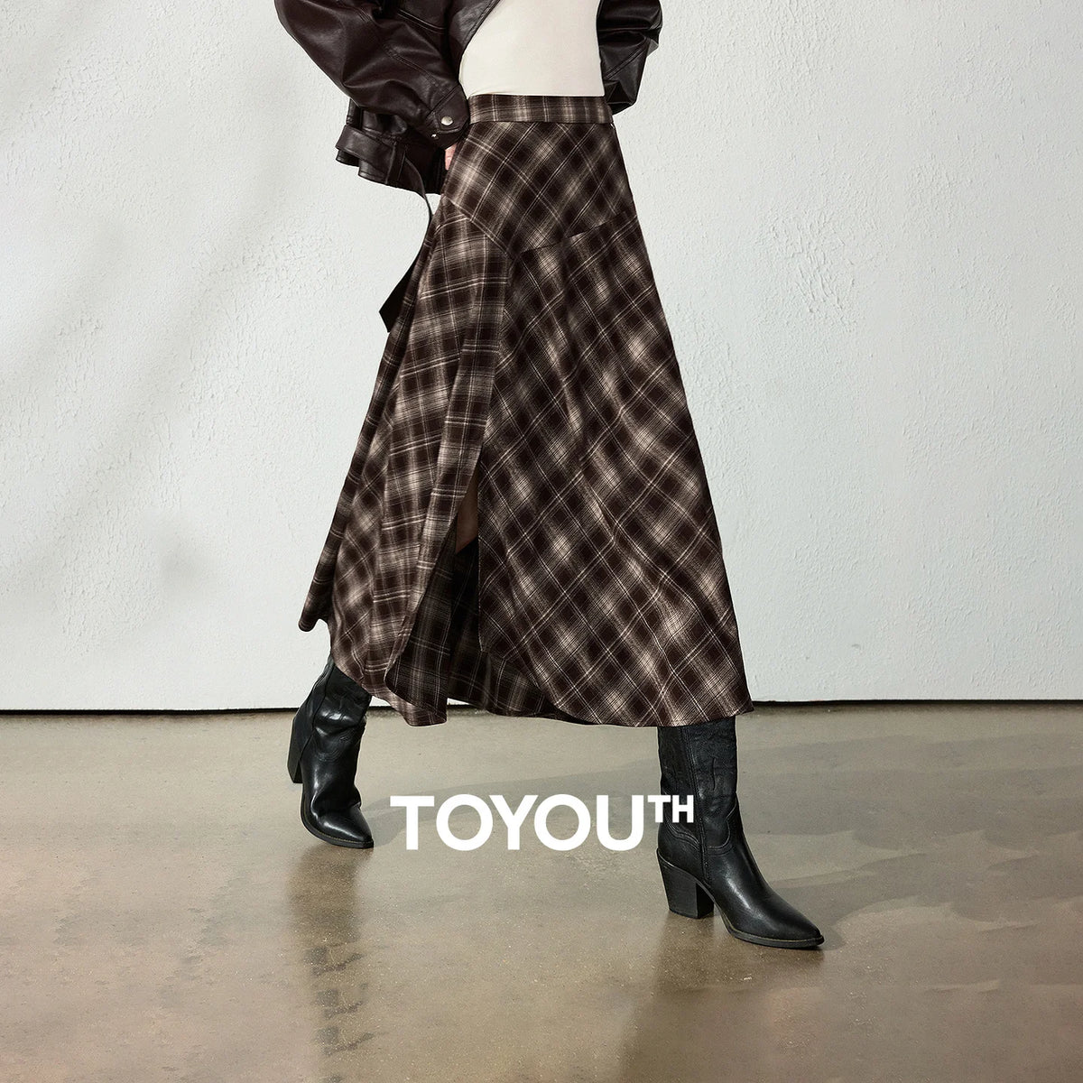 TOYOUTH Womens Midi Skirt 2026 Autumn New Brushed Plaid Irregular Nomadic Style Mid Length Skirt