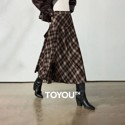 TOYOUTH Womens Midi Skirt 2026 Autumn New Brushed Plaid Irregular Nomadic Style Mid Length Skirt