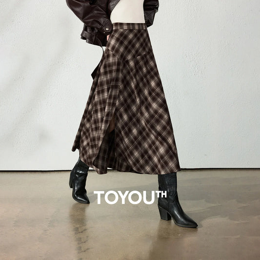 TOYOUTH Womens Midi Skirt 2026 Autumn New Brushed Plaid Irregular Nomadic Style Mid Length Skirt