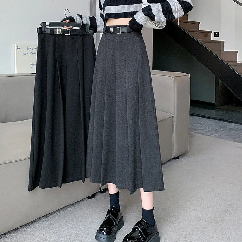 1pcs Women Skirts Vintage High Waist Elastic Pleated Skirt Black Design Chic Long A-line Skirt Spring Summer Fashion Clothes