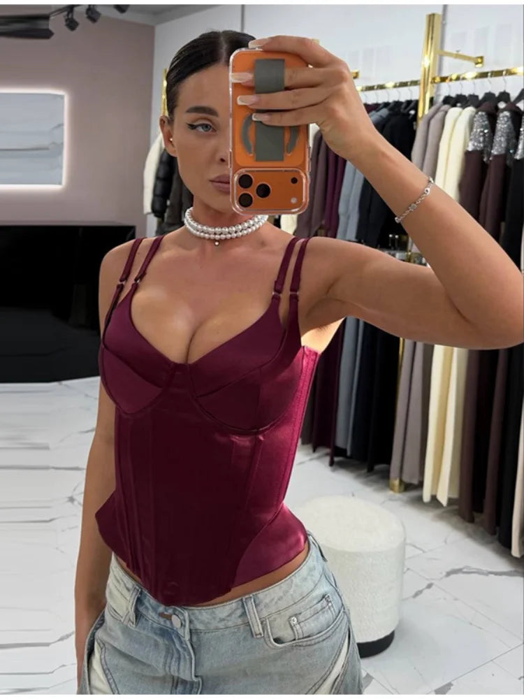 Women Solid Deep-v Satin Camisole Corset Top Elegant Double-strap Fitted Cropped Back-tie 2026 Chic Versatile Date Lady Tops