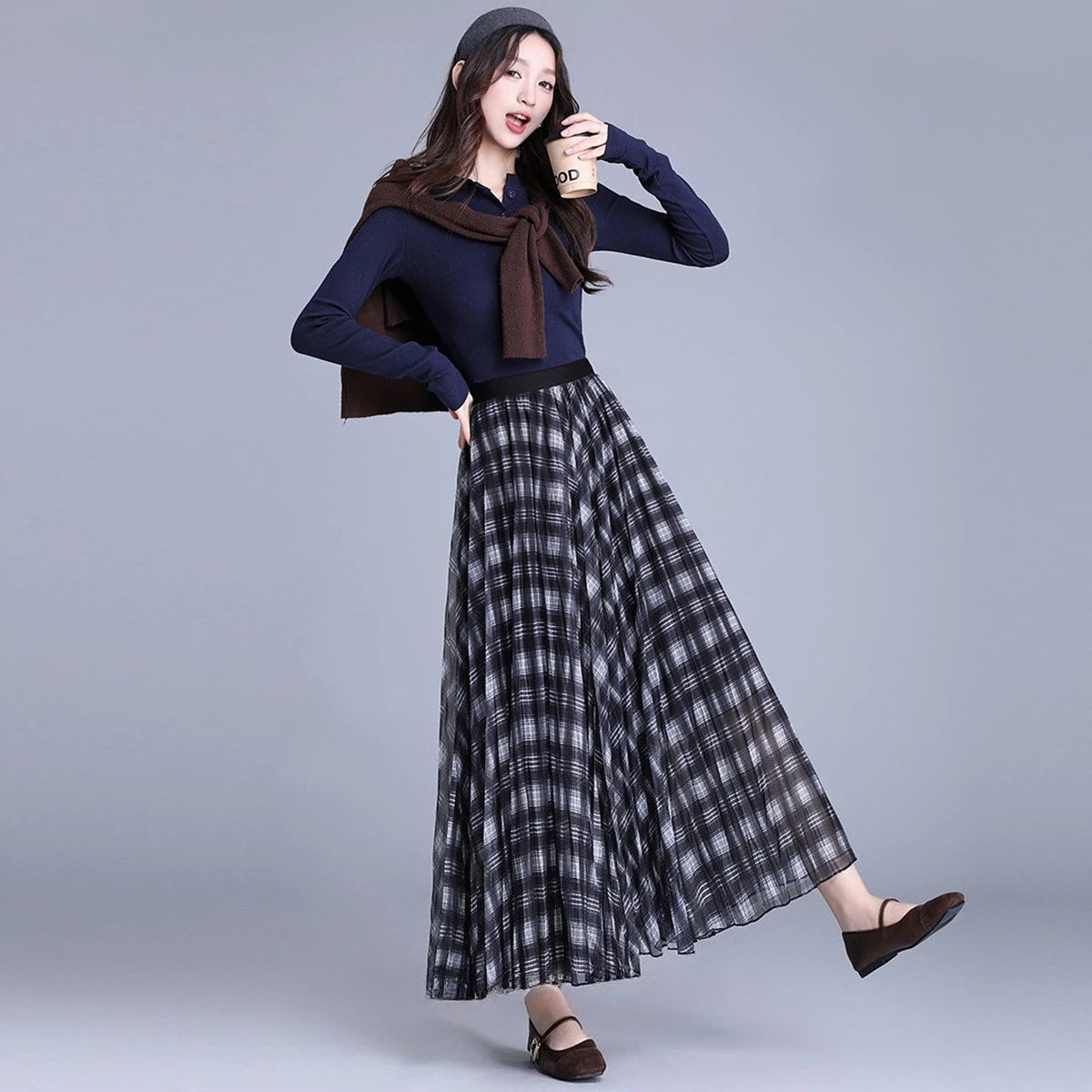LOUISYAO Contrast Color Plaid Long Skirt Women 2025 Autumn High Waisted Elastic Waist A Line Midi Skirt Casual Bottoms