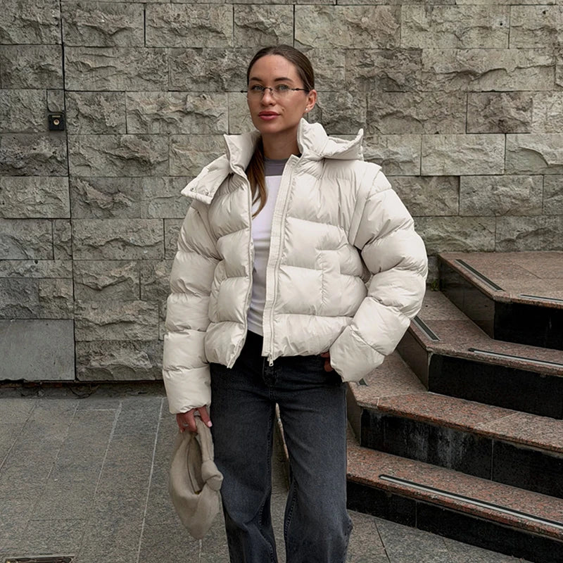 Detachable Sleeves Padded Coats Women's Hooded Zipper Pockets Stand Collar Thicken Jackets 2026 New Ladies Winter Solid Outwear