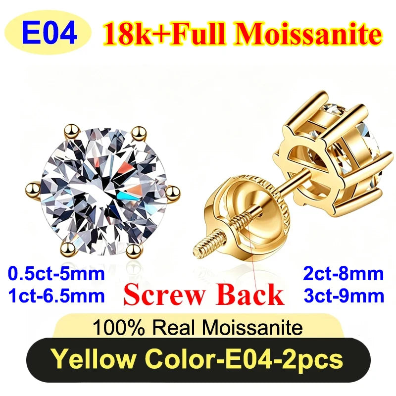 PureNew 0.5-3ct Classic Full Moissanite Earrings For Women S925 Silver Plated 18k Gold D Color VVS1 Women's Moissanite Earrings