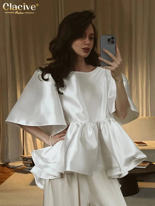 Clacive Fashion Loose Black Satin Women's T Shirt 2026 Summer O-Neck Short Sleeve T-Shirts Elegant Classic Top Female Clothing