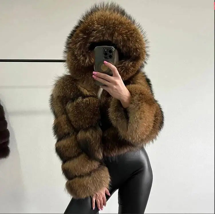 S-6XL Women Coat Autumn Winter Short Hooded Faux Fox Fur Coat Thick Warm Outerwear Fake Fur Woman Jackets Ladies Furry Coats