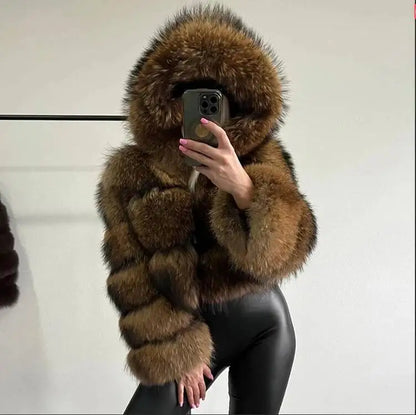 S-6XL Women Coat Autumn Winter Short Hooded Faux Fox Fur Coat Thick Warm Outerwear Fake Fur Woman Jackets Ladies Furry Coats
