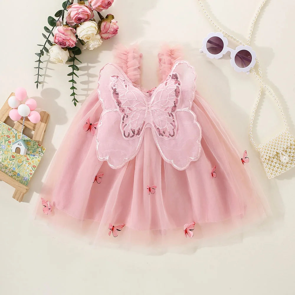 Party Dress for Kids Girl Summer Pink Butterfly Wings Mesh Dress Kids Birthday Clothes for Girl
