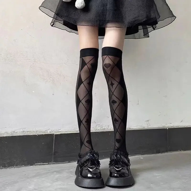 Sweet Lolita Leggings Japanese Girl's Bow Cross Tie White High Stockings JK Love Poker Women's Ultrathin Black Sexy Knee Socks