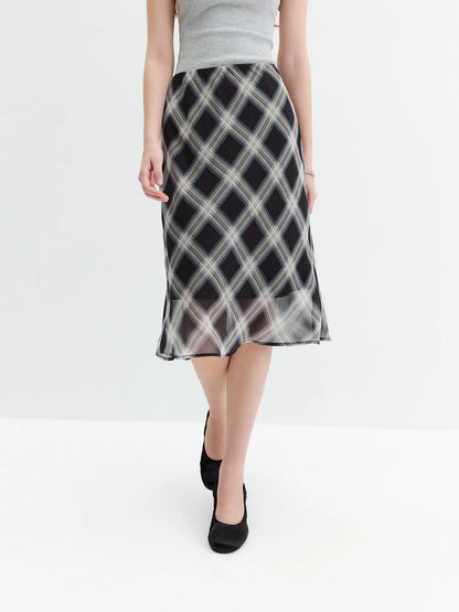 FSLE 2026 Fall Women's Vintage Contrast Plaid Elastic Waist Flowy Chiffon Straight Midi Skirt - Casual Chic Everyday Style