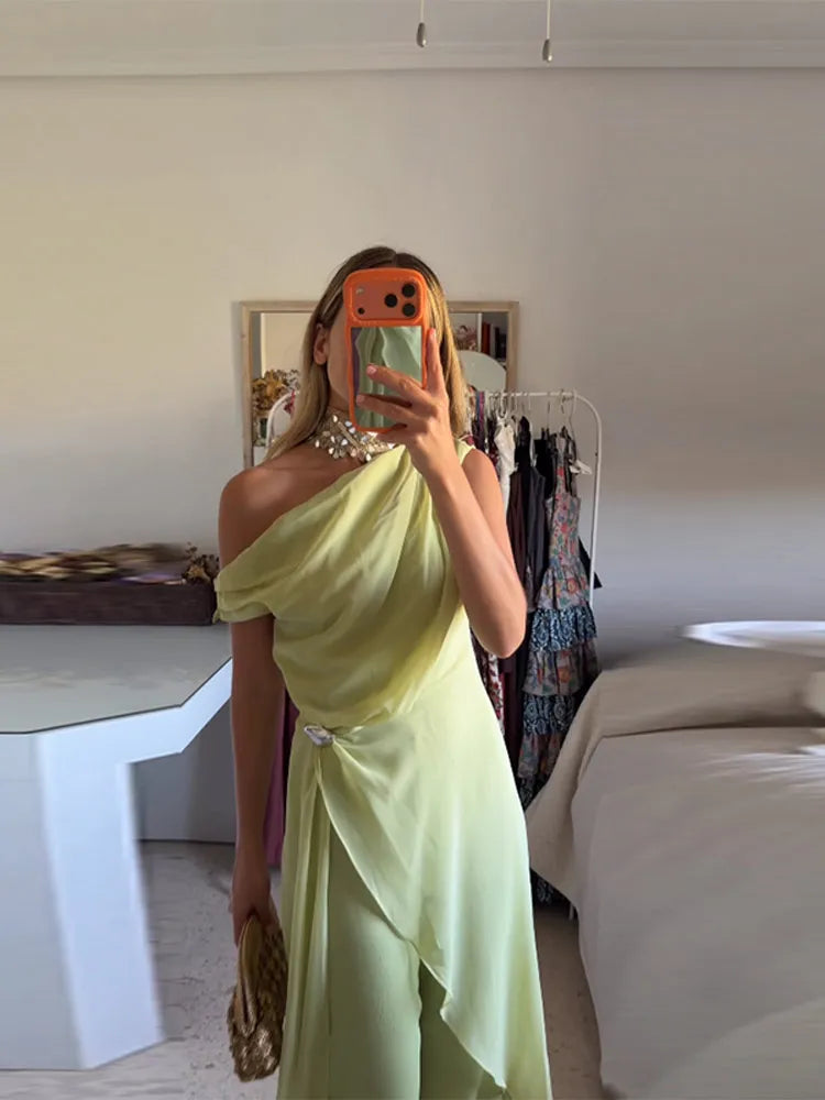Women Pant Asymmetric One Shoulder Jumpsuit Chiffon Draped Overlay Wide Leg Pants Elegant Formal Party Casual Outfit For Ladies