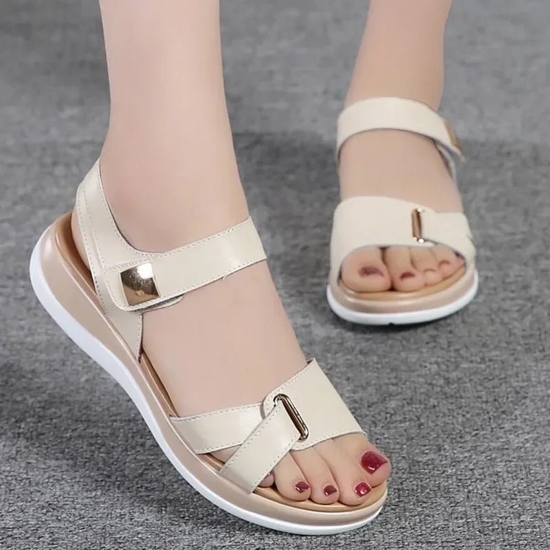 BEYARNE New Summer Women Sandals Flat shoes Woman Light Comfortable Leather Casual Hook Loop Sandalias mujerWomen's FootwearE234