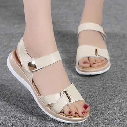 BEYARNE New Summer Women Sandals Flat shoes Woman Light Comfortable Leather Casual Hook Loop Sandalias mujerWomen's FootwearE234