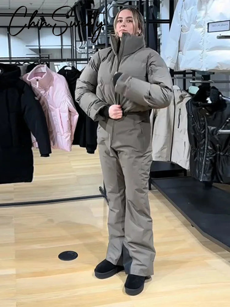 Casual Thicken Women's Ski Jumpsuits Stand Collar Full Sleeve Zippers High Waist Lady Rompers 2025 Winter Female Skiwear New