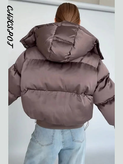 Women's Padded Jackets Hooded Stand Collar Zipper Cropped Coats Winter Female Lantern Sleeves Solid Loose Jacket New Outerwears
