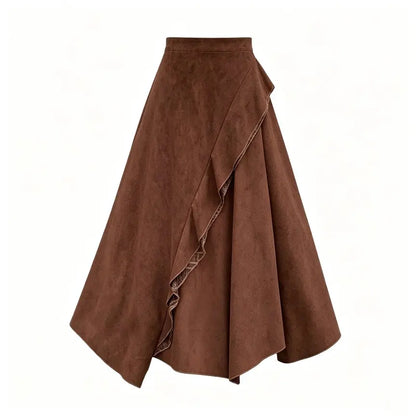 Midi Long Skirts Women Suede Skirt 2026 Goth Lolita Autumn Winter High Waist Ruffles Asymmetrical A-Line Pleated Skirt Maxi