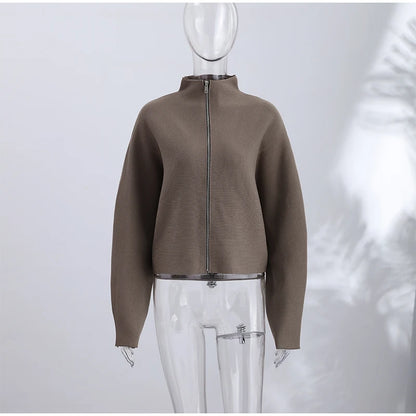 Elegant Knitted Zipper Women's Sweater Solid Full Sleeve Stand Collar Loose Open Stitch Female 2026 Fashion Autumn Outwear Lady