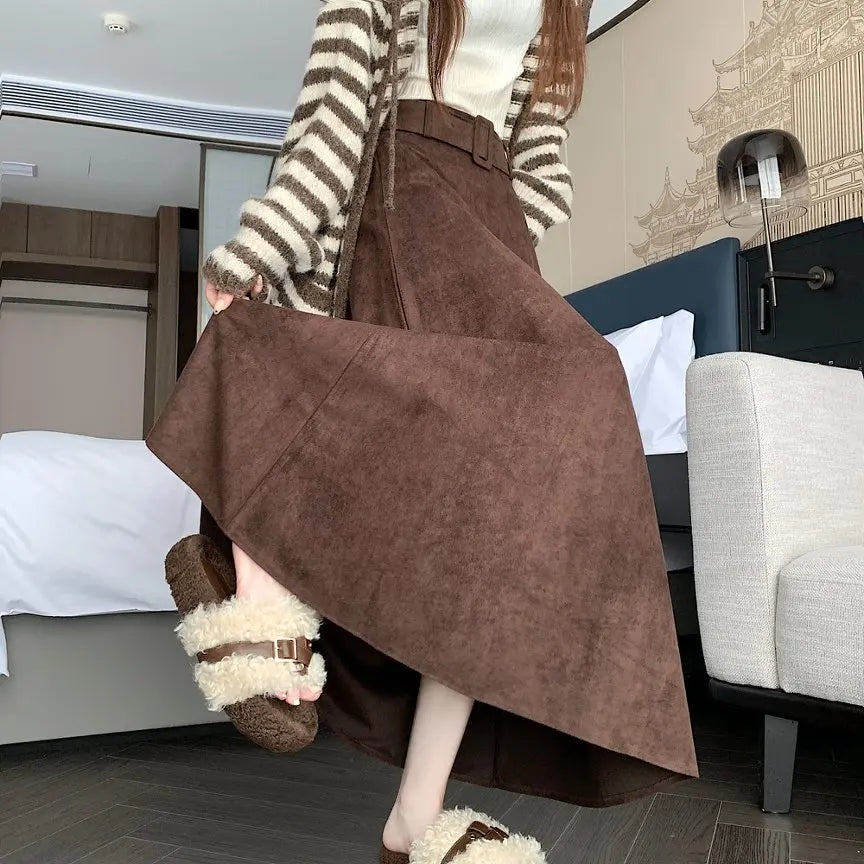 Qiukichonson Mid Long Skirts Womens Suede Skirt 2026 Autumn Winter Korea Vintage High Waist Ruffle Pleated Skirts Maxi With Belt