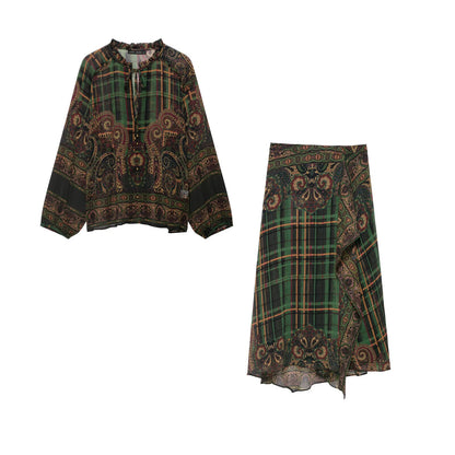 Winter new fashionable long sleeved round neck layered decorative printed shirt asymmetrical hem MIDI skirt set
