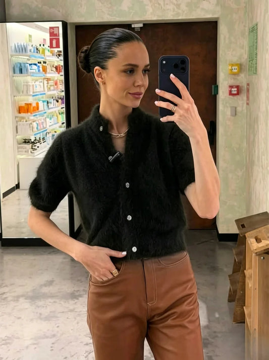 Bornladies Women's Elegant Cardigan Short Sleeved Fashionable Single Breasted Plush Slim Fit Top Suitable for Casual Daily Wear