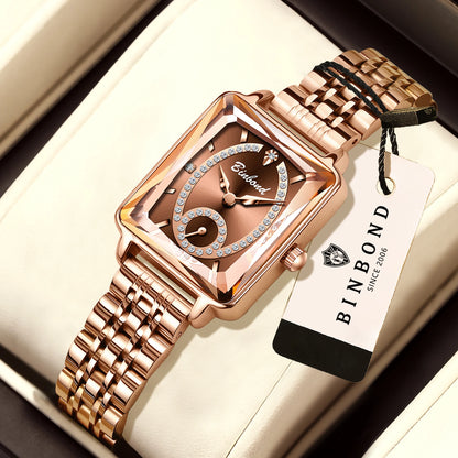 BINBOND Luxury Rectangle Fashion Quartz Watches for Women Precise Luminous Waterproof Zircon Ladies Watch Durable Casual Reloj