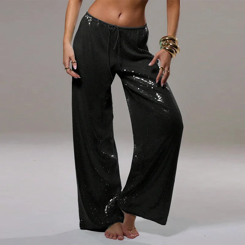 Street Sequin Women's Pants Lace Up Elastic Low Waist Female Wide Leg Trousers 2026 Summer Shiny Loose Club Party Lady Pant
