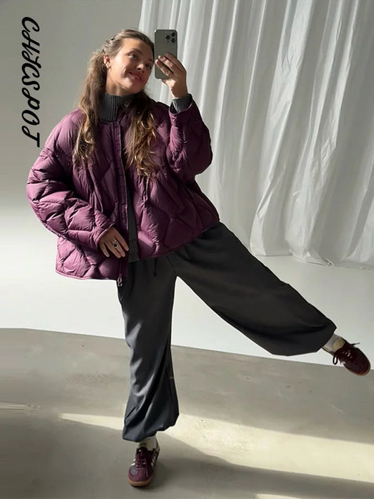 Women's Coats O-neck Grid Oversized Padded Jackets Autumn Female Round Neck Long Sleeve Zipper Solid Loose Jacket New Outerwears